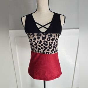 Women’s Colorblock Cheetah Print Tank Top - Red/Black Sz S